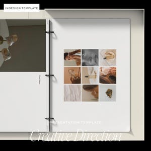 May include: A white presentation template with a black binder. The template includes a grid of nine images, featuring beauty product shots and close-ups. The words "INDESIGN TEMPLATE" and "PRESENTATION TEMPLATE" are visible. The words "Creative Direction" are at the bottom.