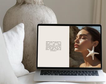 Modern MacBook Mockup PSD: Travertine Stone, Social Media Branding