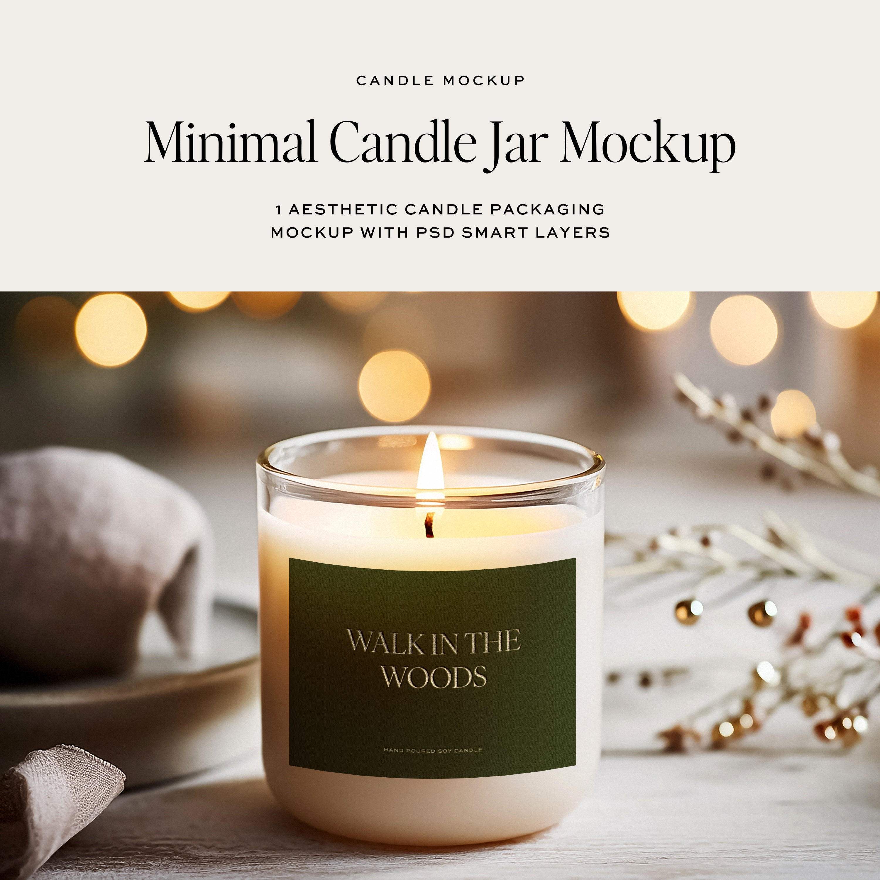 Christmas Candle Packaging Mockup, Candle Jar Mockup, Candle Label Design,  Festive Candle Display, Holiday Decor Inspiration, Realistic PSD 