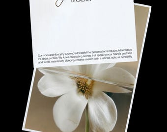 May include: A white rectangular card with a metal paperclip at the top, featuring the text LE CACHET and a paragraph about mockup philosophy. Below this, a photograph shows a white flower with a thin horizontal glass overlay across the petals.