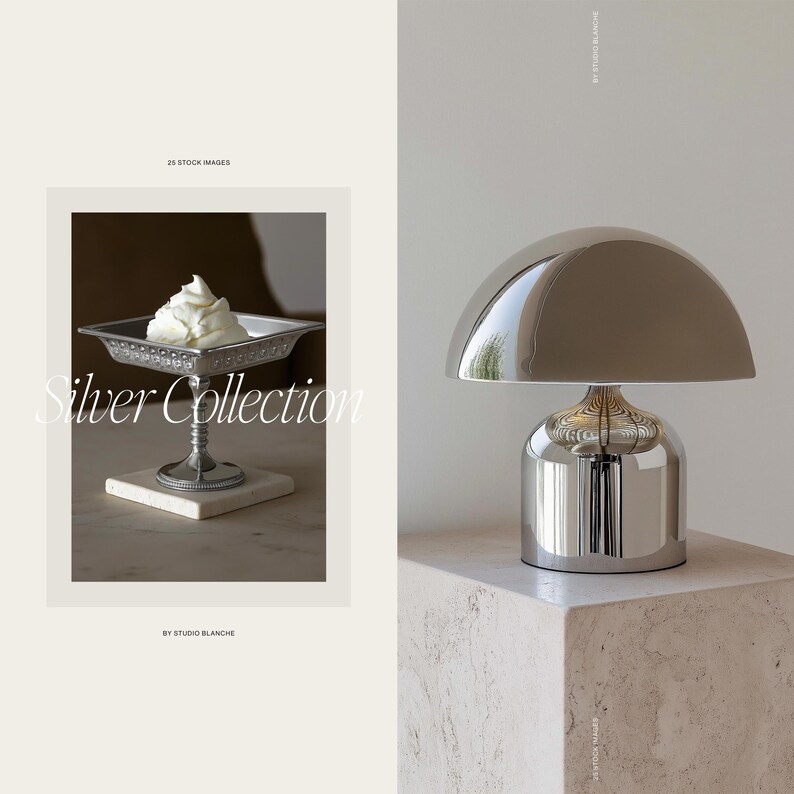 May include: A silver serving dish with a decorative design and a small amount of whipped cream on top. The dish is on a white marble surface. The text "Silver Collection" is written in a decorative font below the dish. The text "By Studio Blanche" is written below the image.