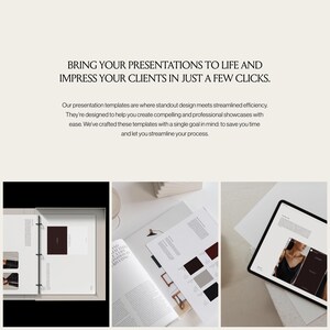 May include: A digital presentation template set featuring the text: BRING YOUR PRESENTATIONS TO LIFE AND IMPRESS YOUR CLIENTS IN JUST A FEW CLICKS. The display includes a binder, open printed pages, and a tablet screen showing professional layouts.