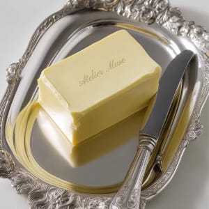 May include: A rectangular block of butter with the text "Atelier Muse" on top, resting on a silver serving tray with ornate edges. A silver butter knife is placed next to the butter.