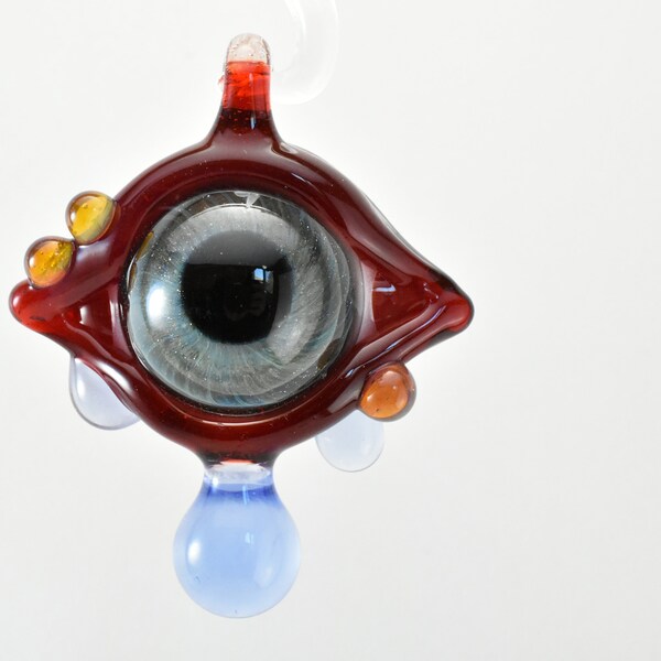 Trippy Glass Eye Pendant, Heady Flameworked Boro, Starry Iris, Red Casing With Cloudy Blue Drippies, Number 119