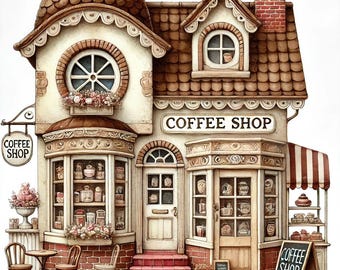Coffee Shop Clip Art, 5 Cottage Art Prints, Junk Journal, Scrapbook, Digital Download File, Card Making, Digital Art, Fantasy, Whimsical