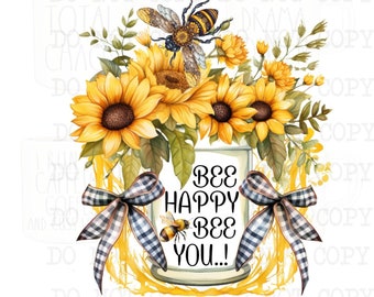 Bee Happy png, Sunflowers and Bees, Sublimation Designs, Inspirational Clipart, Digital Download, Spring Clipart, Bee  Graphics, PMG Images