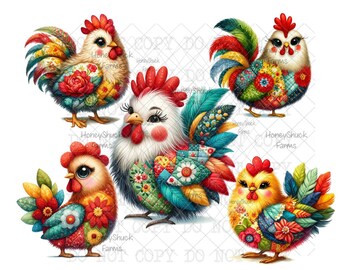 Patchwork Chickens Clipart Bundle: Quilted Fabric Illustrations (Digital Download)