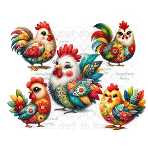Patchwork Chickens Clipart Bundle: Quilted Fabric Illustrations (Digital Download)