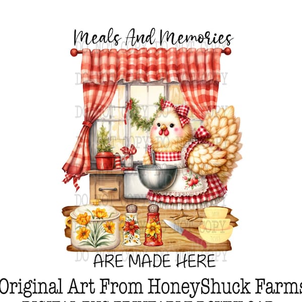 Meals And Memories Are Made Here, Kitchen Clipart, Cute Chicken Lady, Digital Download, Chicken png, Recipe Book Cover, Cookbook Clipart