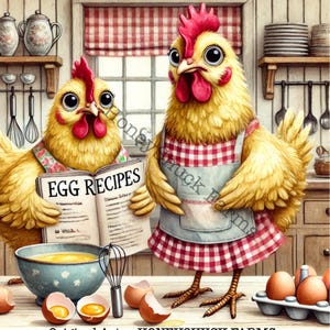 Funny Chickens JPG, Kitchen Decor, Whimsical Chickens, Recipe Book, Apron JPG, Kitchen Art, Digital Download, Kitchen Towel Design, Cooking