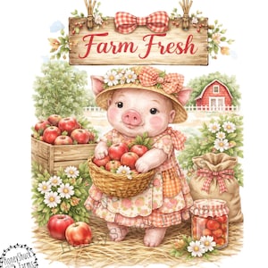 Könnte beinhalten: Aquarellillustration eines Ferkels mit Strohhut und Kleid, das einen Korb mit roten Äpfeln hält. Ein Holzschild mit der Aufschrift "Farm Fresh" befindet sich darüber. Weitere Elemente sind eine Holzkiste mit Äpfeln, eine rote Scheune und ein Glas mit eingelegten Äpfeln.