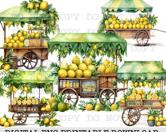 Lemons Watercolor Clipart Bundle, Lemon Cart, Lemon Stand, Png, Digital Download, Instant Digital Download, Printable Art, Farmers Market