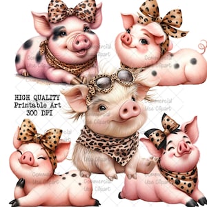 Pigs Png, Pigs Clipart Bundle, Cute Pigs, Leopard Print, Digital Download, Farm Animals, Printable Wall Art, Printables, Instant Download