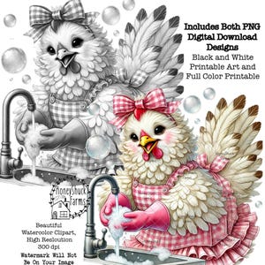 Black and White Digital Print, Chicken Dishes, Cute, High Res Watercolor PNG, Junk Journaling, Scrapbooking, Card Making, Fantasy, Whimsical