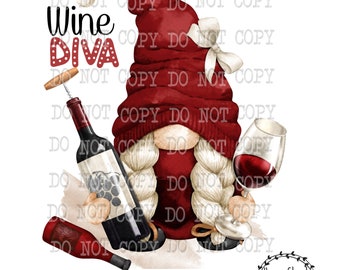 Wine Diva Gnome PNG: Sublimation Design (Digital Download)