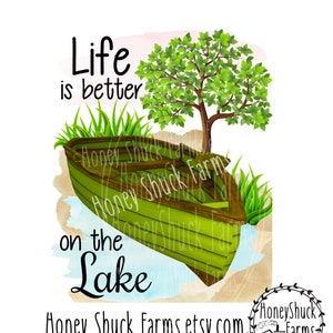 Lake Life PNG: Boat & Tree Printable Art (Digital Download)