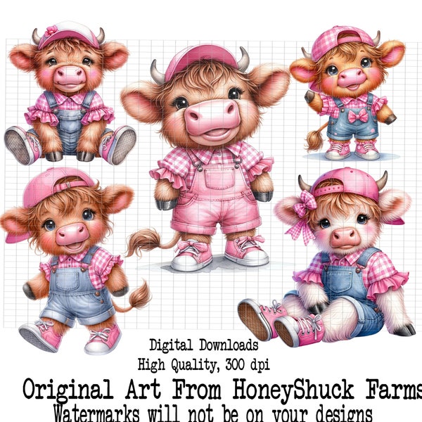 Country Girl Highland Cow Clipart, Farm Cow png, Digital Download, Country Farm Girl, Sublimation Design, Commercial Use, Scottish Cow png