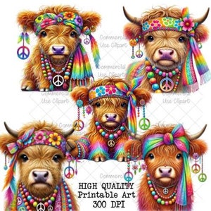 Highland Cow, Hippie Png, Highland Cow Clipart, Digital Download, Highland Cow Shirt Design, Funny Cow, Sublimation Design, Retro Decor, PNG