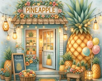 Pineapple Cottage Art Prints, Whimsical Junk Journal, Scrapbook PG Digital Download File, Card Making, Digital Art, Fantasy, Watercolor JPG