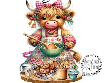 Highland Cow Baking PNG: Funny Clipart, Sublimation Design (Digital Download)