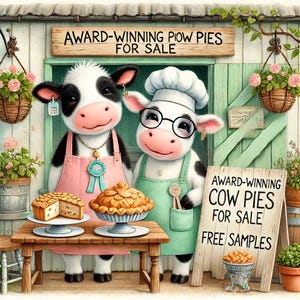 Funny Cows, 5 Cows Baking Pies, Digital Download, Junk Journals, Scrapbooking, Card Making, Fantasy, Whimsical, Quirky, High Res ClipArt
