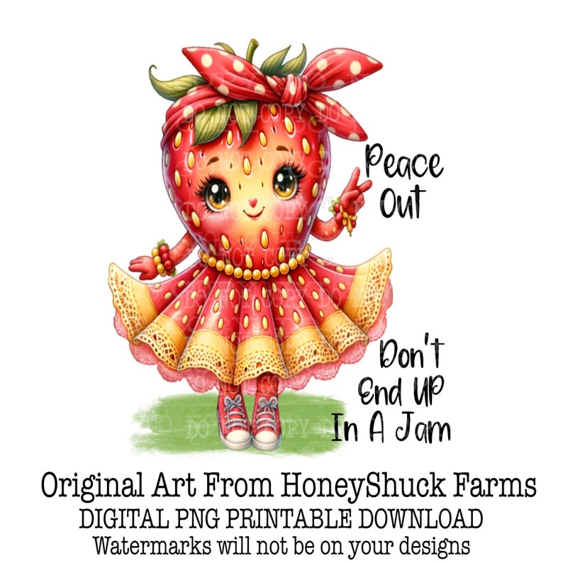 Hippie png, Cute Strawberry Girl, Digital Download, Strawberry Clipart, Sublimation Designs, Cute Hippie Clipart, Summer Clipart, PNG Images image 1