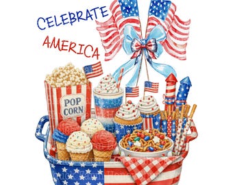 Celebrate 250 Years USA Clipart, July 4th Snacks, Patriotic Food Clipart, Red White Blue, Patriotic Digital Download, 4th of July Bundle Kit
