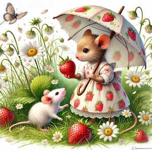 May include: A whimsical illustration of two mice in a garden setting. One mouse holds a strawberry and an umbrella decorated with strawberries. The other mouse looks up at the first. Daisies, strawberries, and a butterfly are also present.