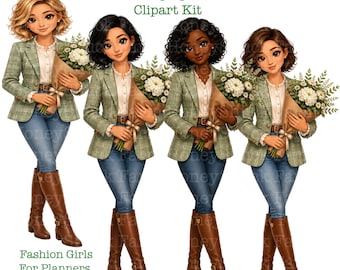 Fashion Girls Clipart Kit, Digital Download, Fall Planner Girl Clipart, Planner Accessories, Planner Stickers, Girl With Flowers, Journaling
