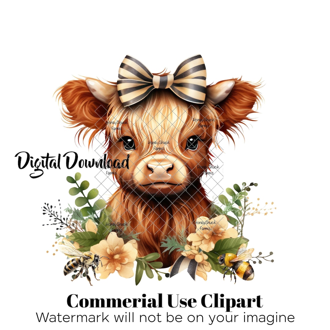 Highland Cow Png, Flowers and Bees Highland Baby Cow Png, Commercial ...