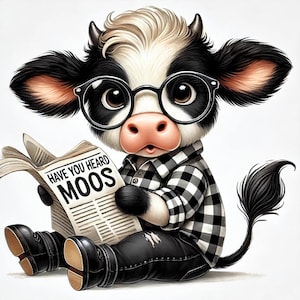 Funny Highland Cow Clipart: Reading Newspaper, Whimsical PNG (Digital Download)