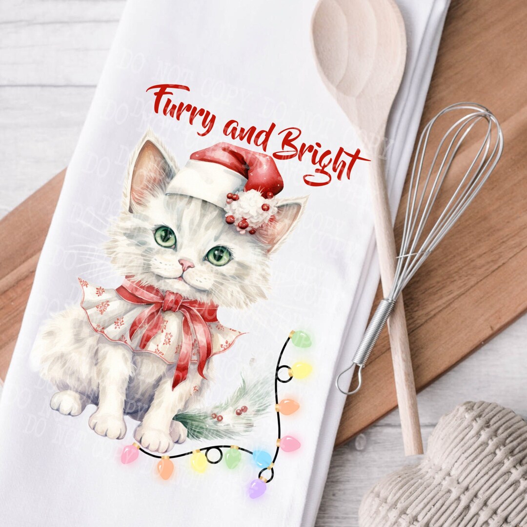 Towel Png, Christmas Cat Kitchen Towel, Furry and Bright, Kitchen Towel Sublimation, Christmas