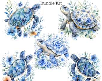 Sea Turtles Clipart, Tropical Turtle Clipart Bundle, Turtle Png, Watercolor Turtles, Blue Chinoiserie, Digital Download, Printable Art Print