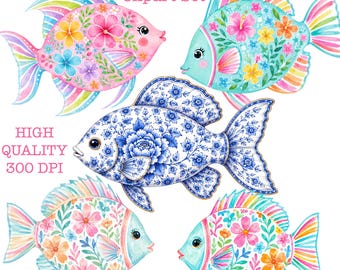 Preppy Fish Clipart, Tropical Fish Clipart Bundle, Colorful Fish Png, Watercolor Fish, Preppy Clipart, Digital Download, Printable Art Print