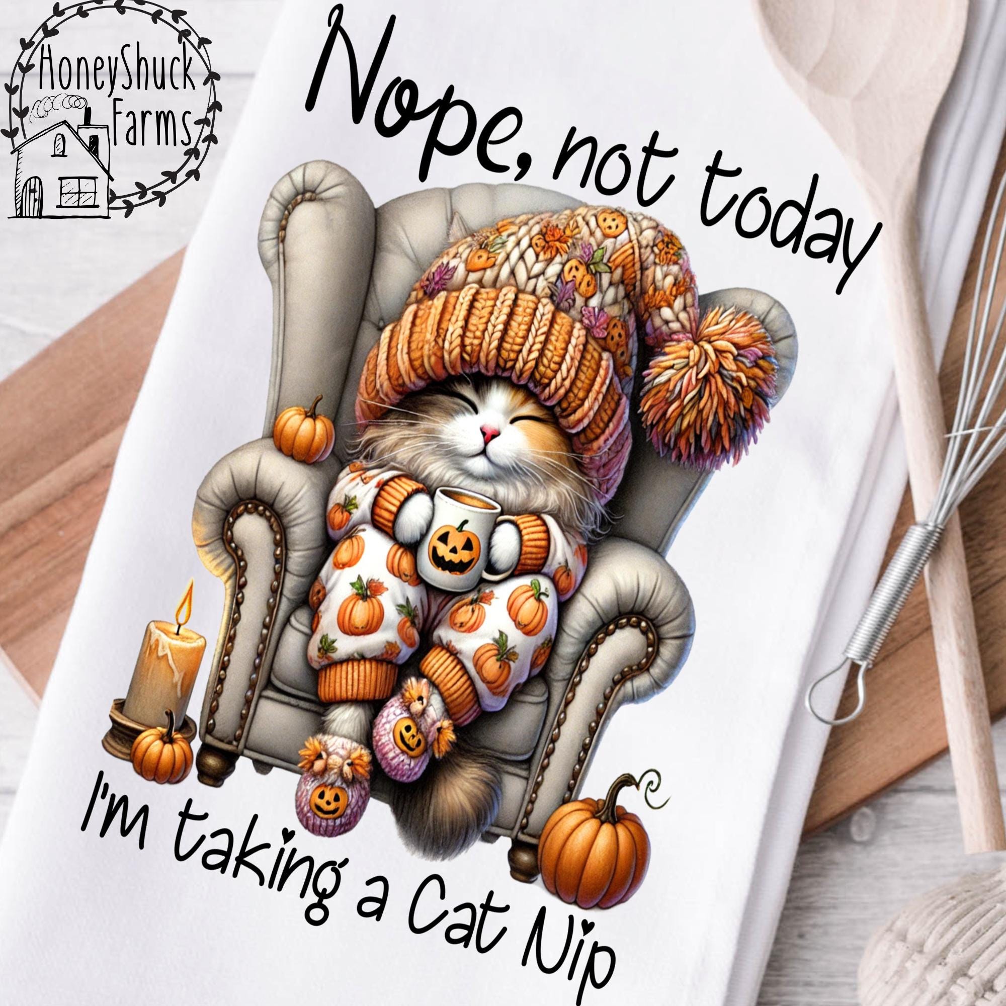 Watercolor Cat Clipart, Pumpkin Pajamas, Cozy Autumn Scene