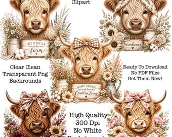 Highland Cow Clipart Png, Farmhouse Clipart Png, Baby Highlander Cow Clipart, Farmhouse Decor, Digital Download, Junk Journal, Paper Crafts