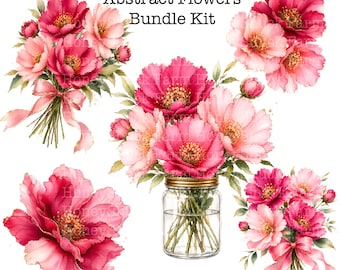 Abstract Flowers Clipart Bundle Set, Clipart Kits, Pink Flower Prints, Pink Watercolor Printable, Digital Download, Journals, Paper Crafting