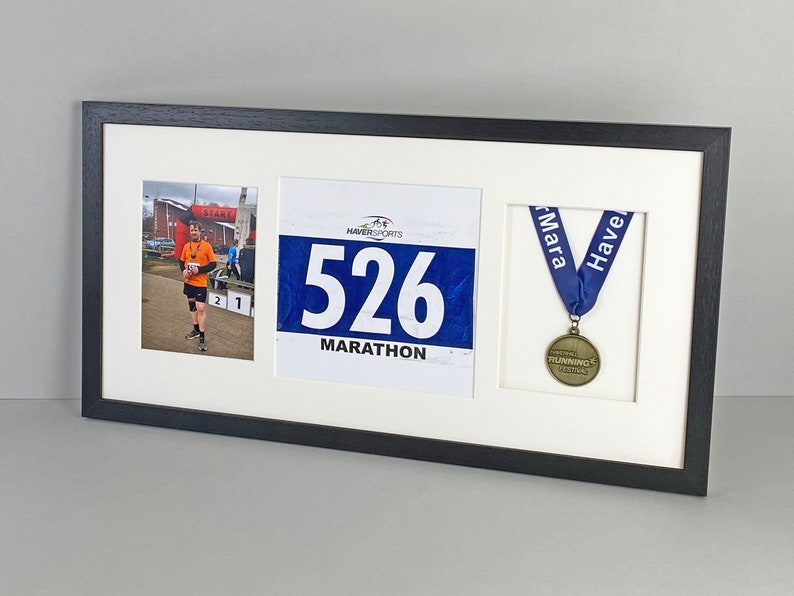 Medal display Frame with Apertures for Bib and Photo. 30x60cm.Handmade. Perfect for Runners, Swimmers, Cyclists, Athletes Marathon Medals image 10