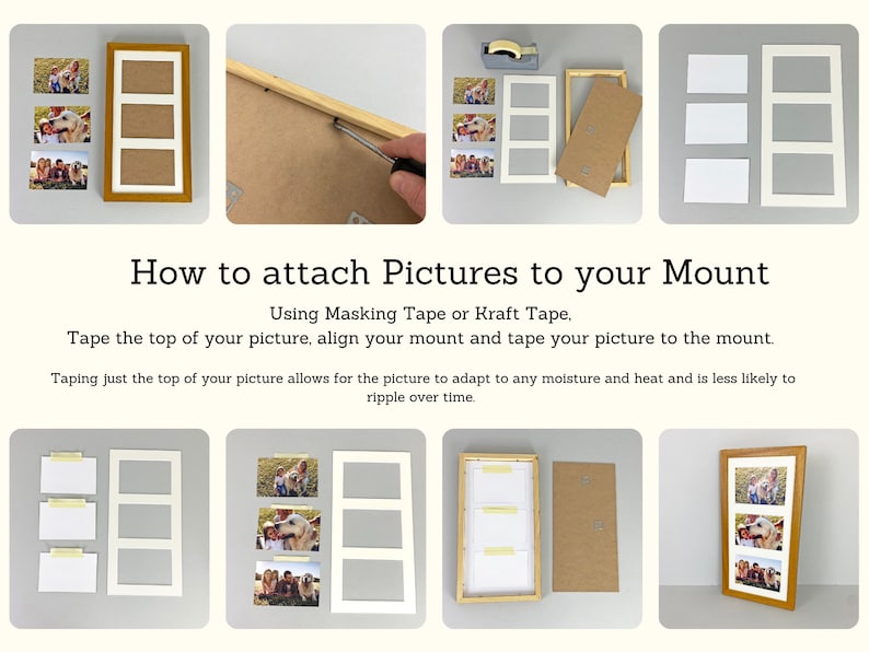 Puede incluir: C&oacute;mo pegar fotos a un montaje usando cinta de enmascarar o cinta kraft. Las instrucciones muestran c&oacute;mo pegar la parte superior de la foto para alinear el montaje y pegar la foto al montaje. Pegar solo la parte superior de la foto permite que la foto se adapte a la humedad y el calor y es menos probable que se ondule con el tiempo.