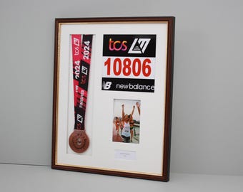 Personalised Medal display Frame with Apertures for Medal, Race Bib, 6x4" Photo and Text. Traditional Range.  Marathon 2025 | 2024 |