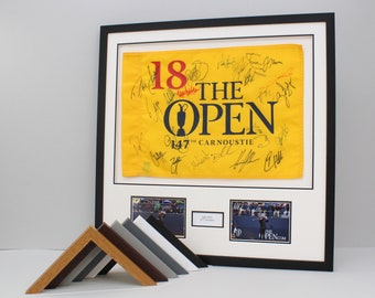 Personalised Flag Display Frame, with text box and two photographs. 60x60cm. Perfect for Golf Flags. Handmade by art@home in the UK.