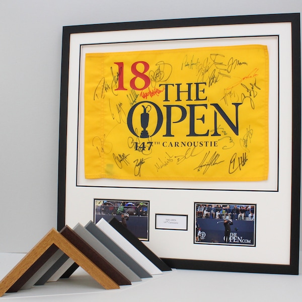 Personalised Flag Display Frame, with text box and two photographs. 60x60cm. Perfect for Golf Flags. Handmade by art@home in the UK.