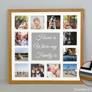 Personalised Multi Aperture Photo Frame. One Quote and Twelve 4x4&quot; photos. 50x50cm. Wooden Collage Photo Frame.