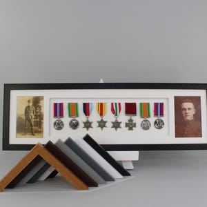 Military and Service Medal display Frame for Eight Medals and two 6x4&quot; Photographs. 20x70cm. War Medals | WW1 | WW2 | Historical |