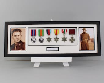 Personalised Military and Service Medal display Frame for Six Medals and two 6x4" Photographs. 20x60cm. Handmade. War Medals. WW1. WW2.