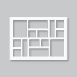 May include: A white rectangular multi-opening photo frame featuring a grid-like arrangement of various sized rectangular and square apertures. The frame has a clean, flat surface design with thin dividers separating each individual display section.