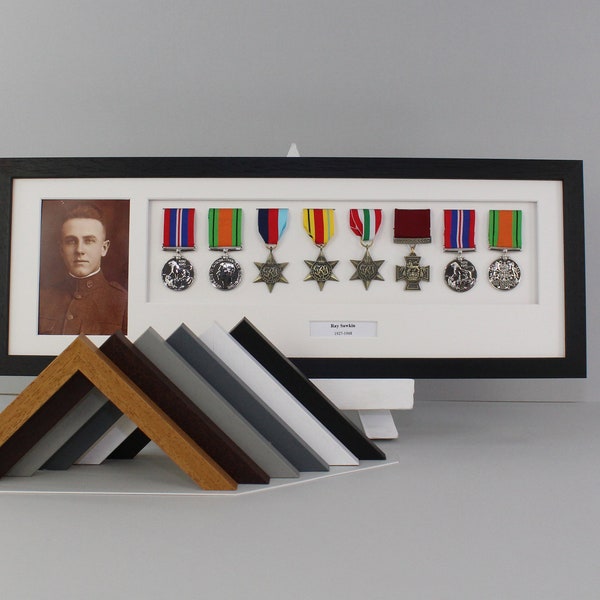 Personalised Military and Service Medal display Frame for Eight Medals and a 6x4" Photograph. 20x60cm. Handmade. War Medals. Service Medals