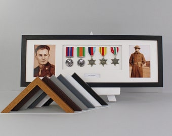 Personalised Military and Service Medal display Frame for Five Medals and two 6x4" Photographs. 20x60cm. Handmade. War Medals.