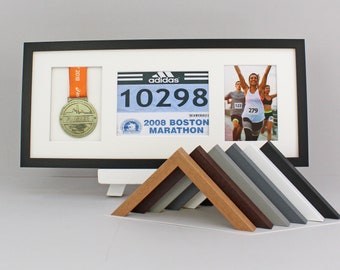 Medal display Frame with Apertures for Bib (21x15cm) & Photo. 25x60cm.3D Shadow Box. Perfect for Runners, Swimmers, Cyclists, Athletes.