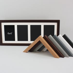 May include: A dark brown multi-aperture picture frame with four openings, each sized 6x4 inches (15x10 cm), and a white mount. Several angled frame corner samples in various colours, including wood grain, brown, grey, and black, are displayed in front.